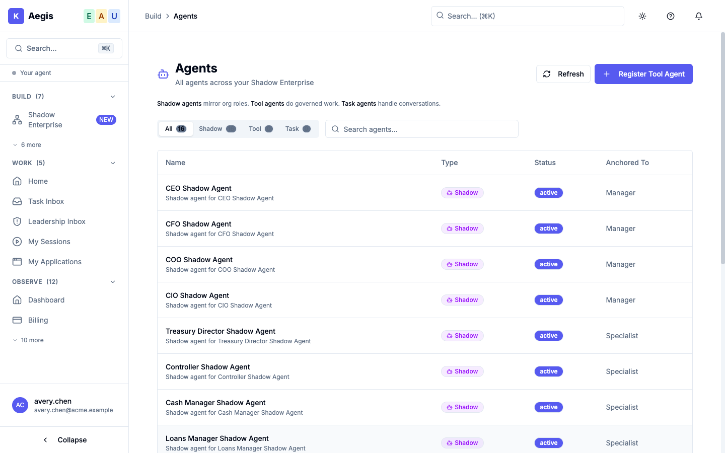 The Aegis agent builder: a roster of function-focused agents paired to organization roles, each with its trust posture and constraints.