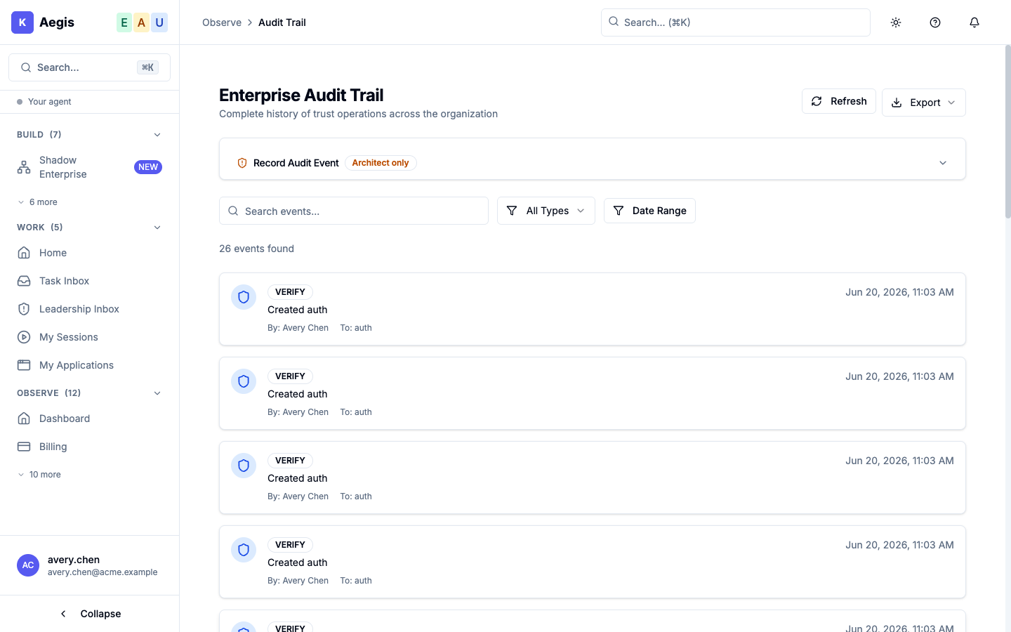 The Aegis audit log: an append-only, queryable record of every delegation, decision and action.