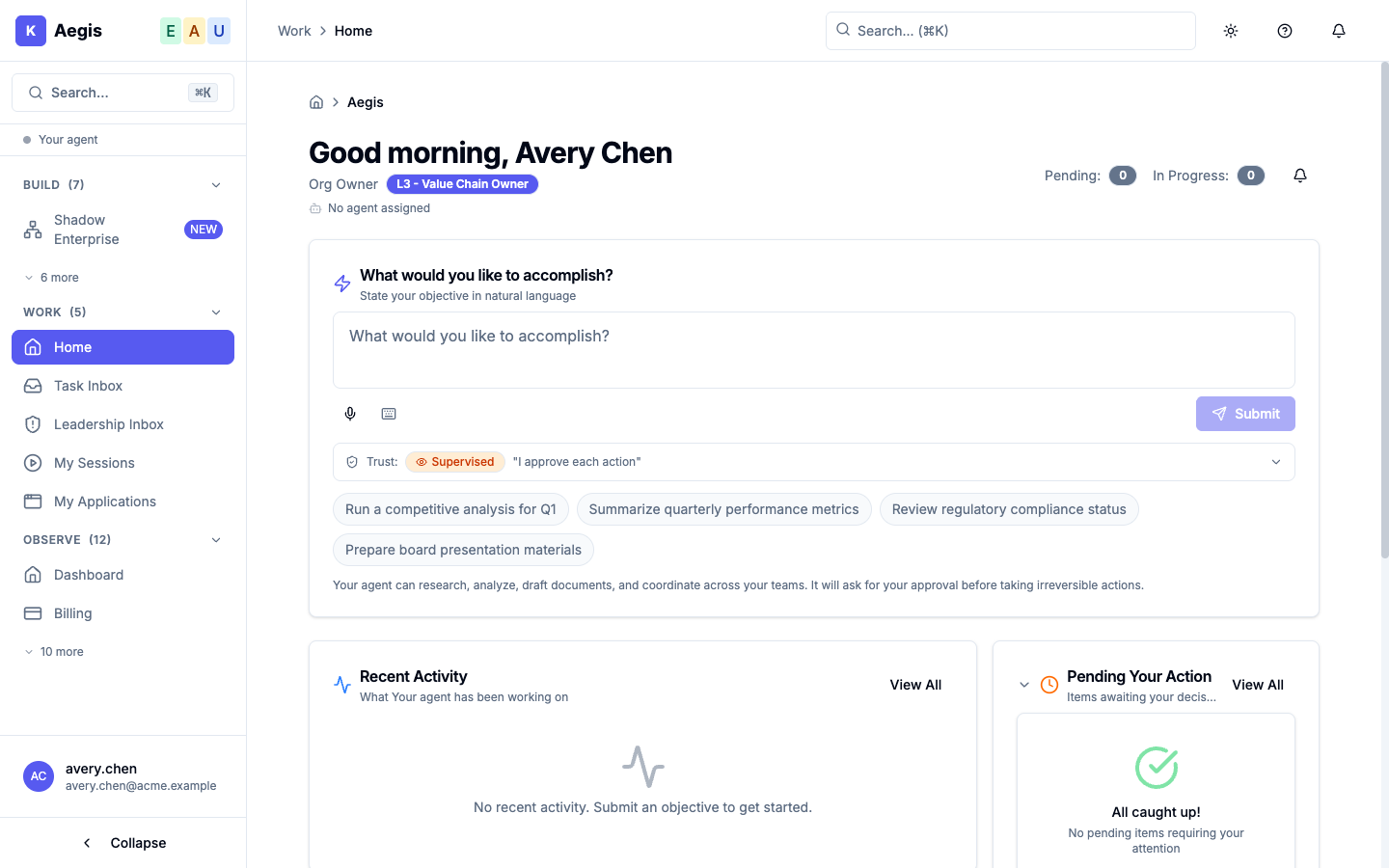 The Aegis work surface: a personalized greeting, a natural-language objective box, and a trust posture pill.